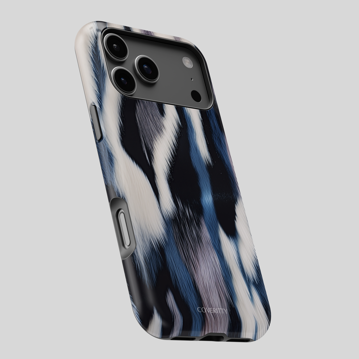Phone case with black and white abstract pattern on a light gray background