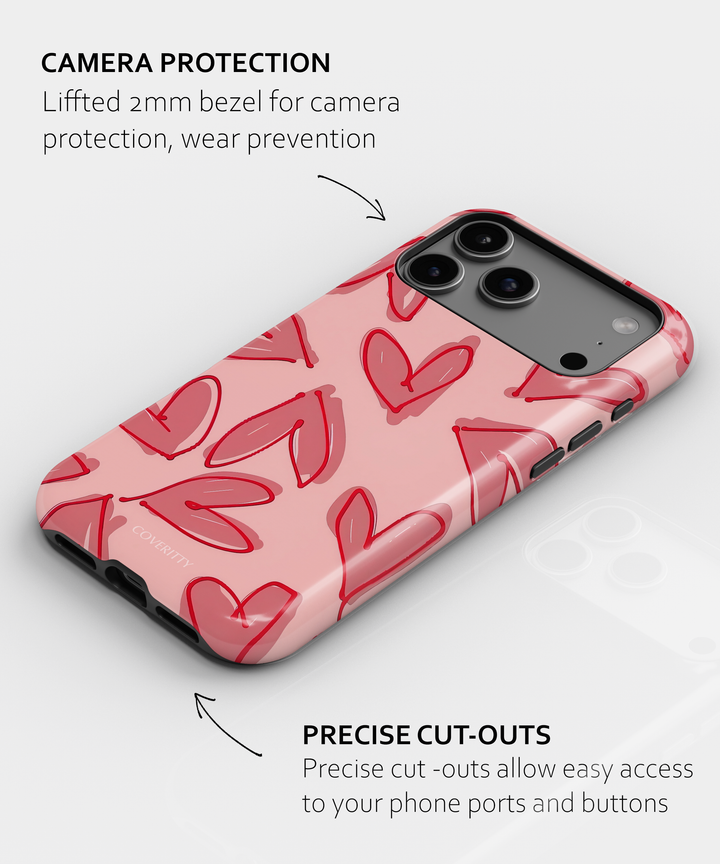Phone case with heart pattern and camera protection features on a white background