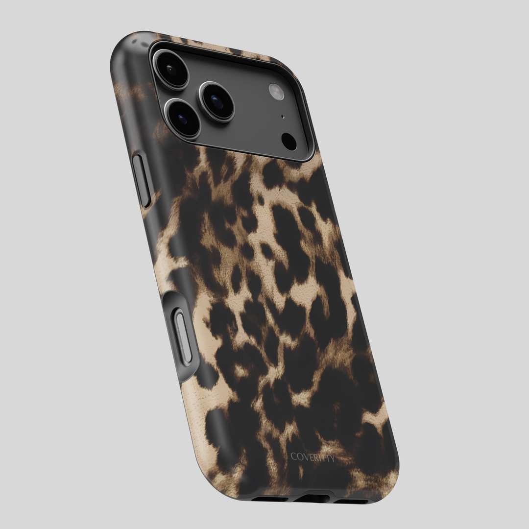 Phone case with leopard print design on a gray background