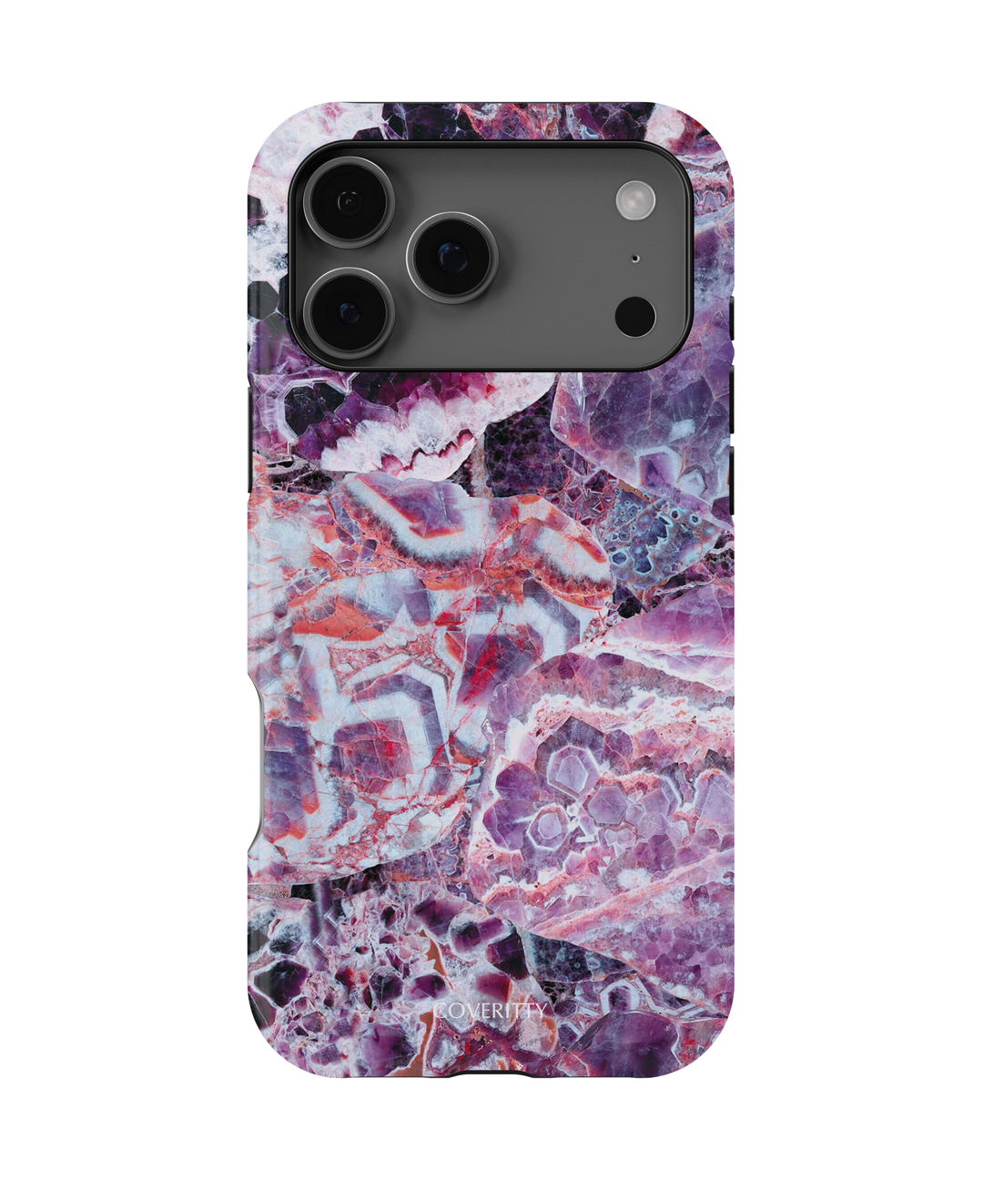 Phone case with a purple and pink marbled design on a white background