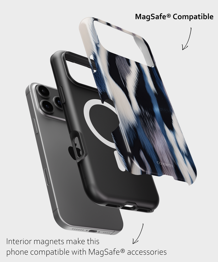 Two phone cases, one black and one with a marble pattern, on a light gray background.