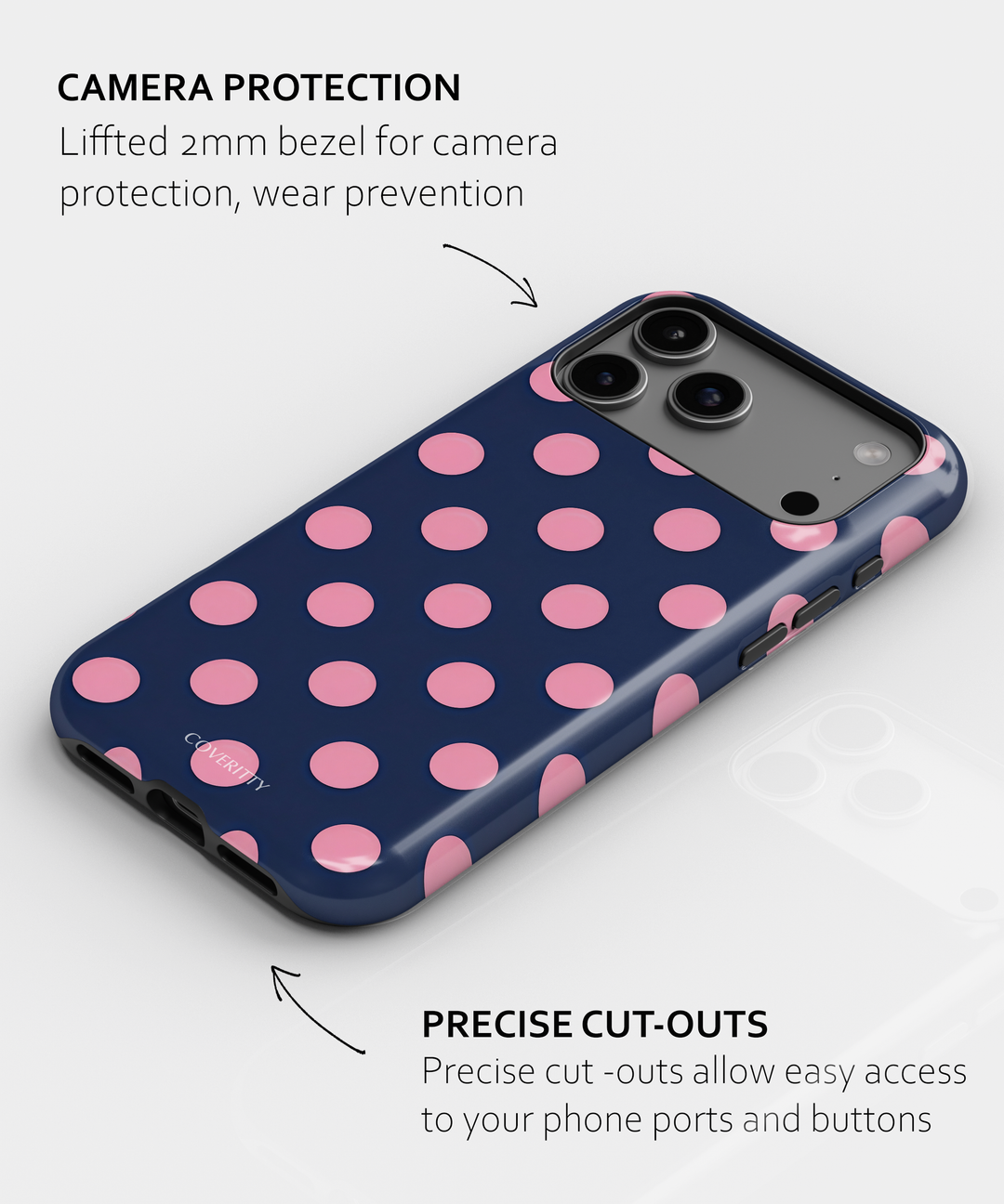Phone case with pink polka dots on a blue background, featuring text about camera protection and cut-outs.