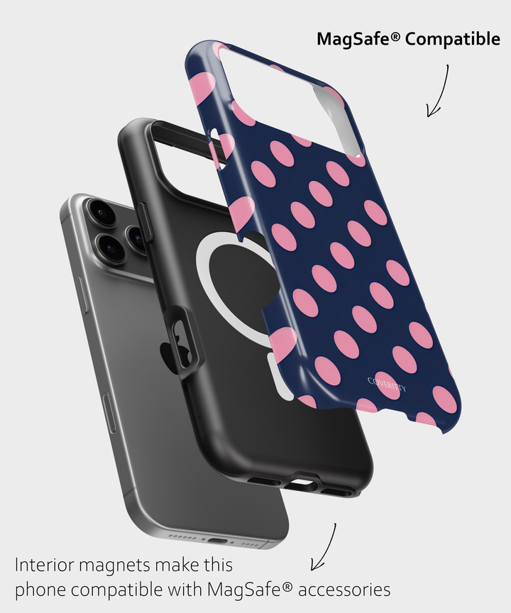 Phone case with polka dot design and MagSafe compatibility on a light gray background