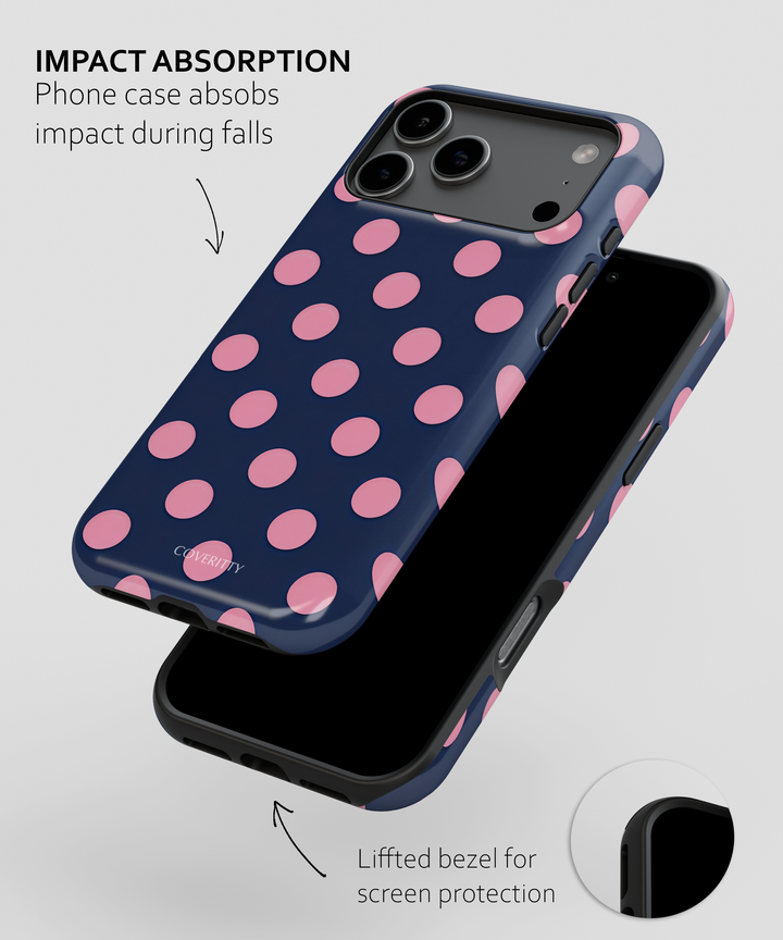 Phone case with pink polka dots on a blue background, showing impact absorption and screen protection features.