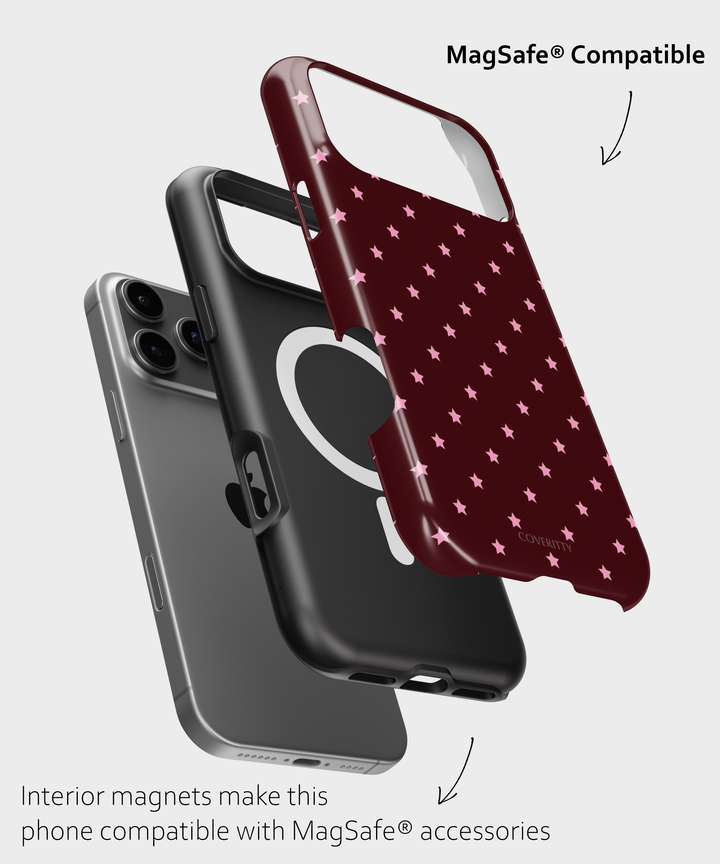 Two phone cases, one black and one with a star pattern, on a light gray background.