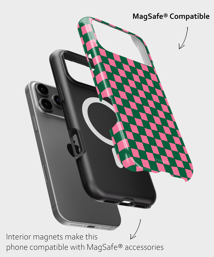 Phone case with pink and green checkered pattern and MagSafe compatibility label on a white background