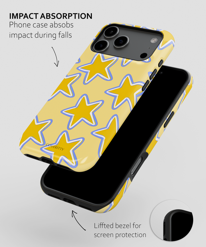 Phone case with star pattern and text about impact absorption and screen protection.