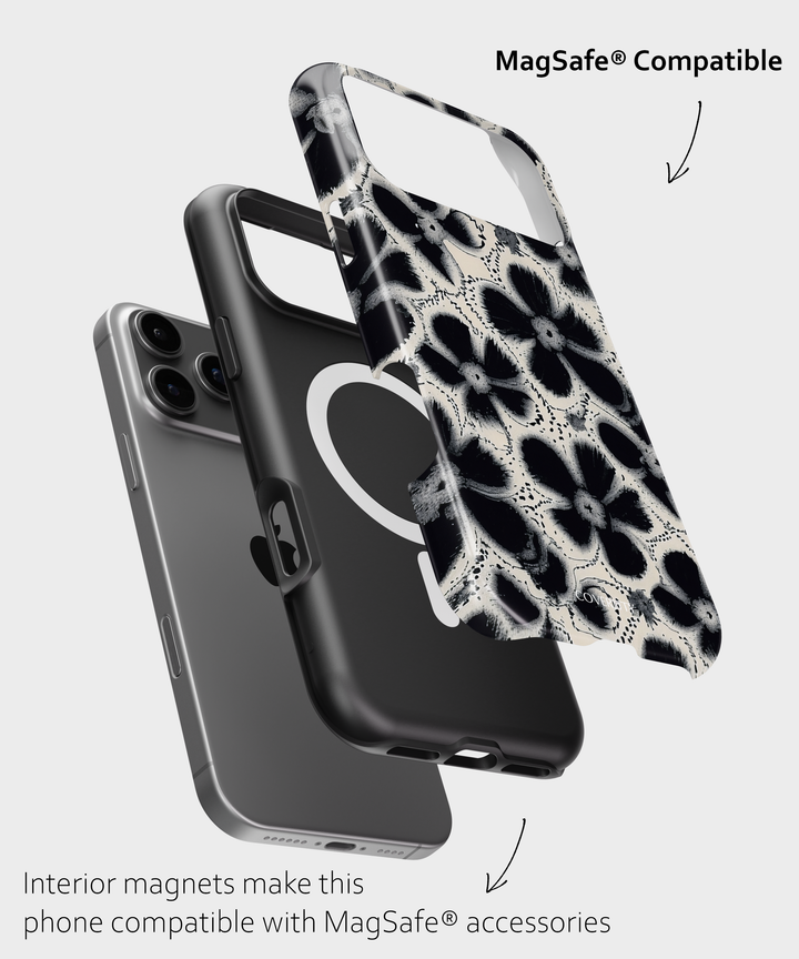 Slim and protective Midnight Petal phone case featuring monochrome flower pattern