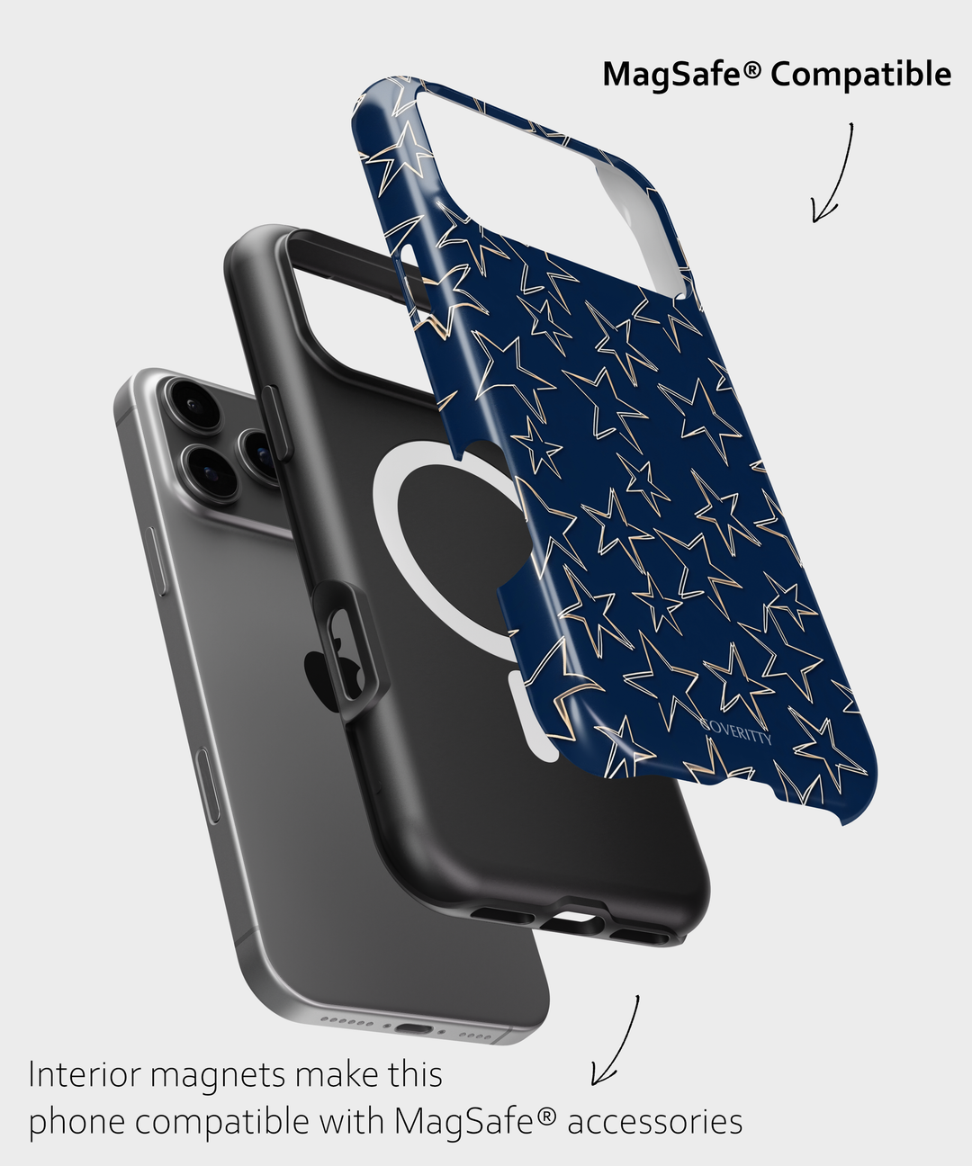 Phone case with star pattern and MagSafe compatibility on a light gray background