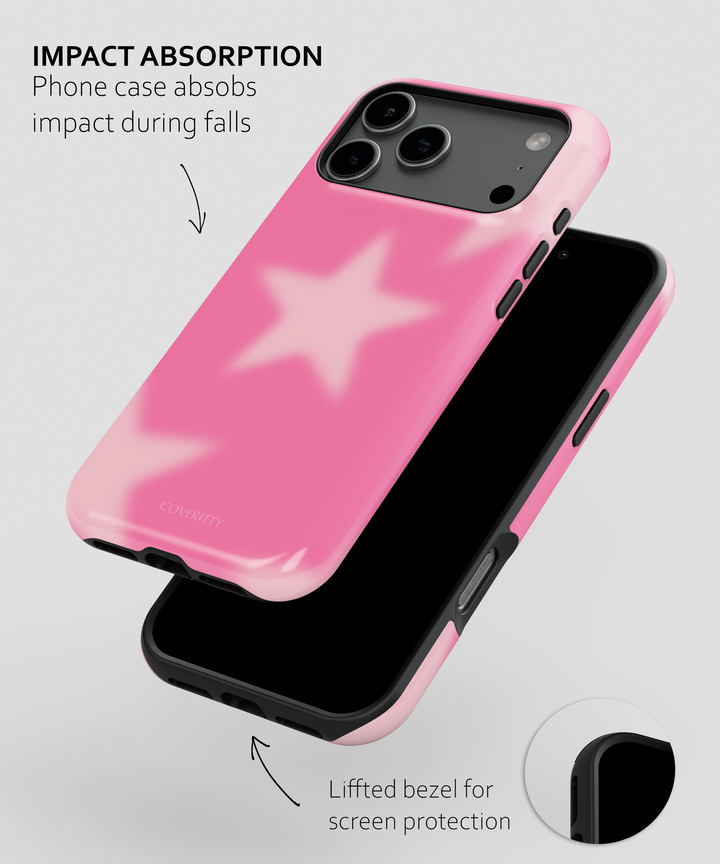 Pink phone case with star design on a gray background