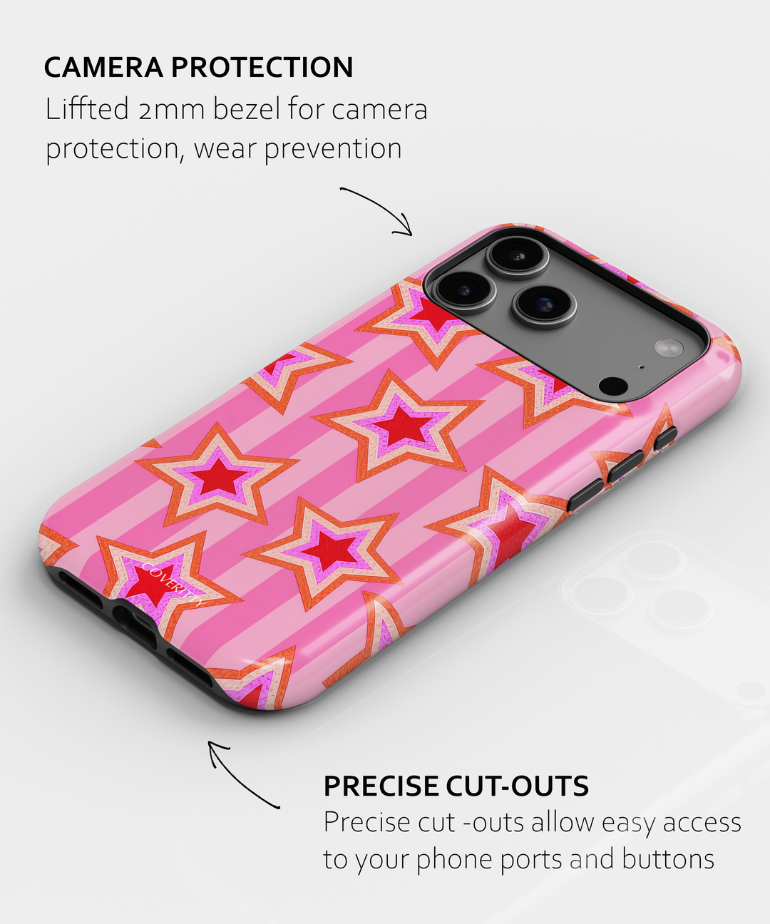 Phone case with pink star pattern and camera protection features on a white background