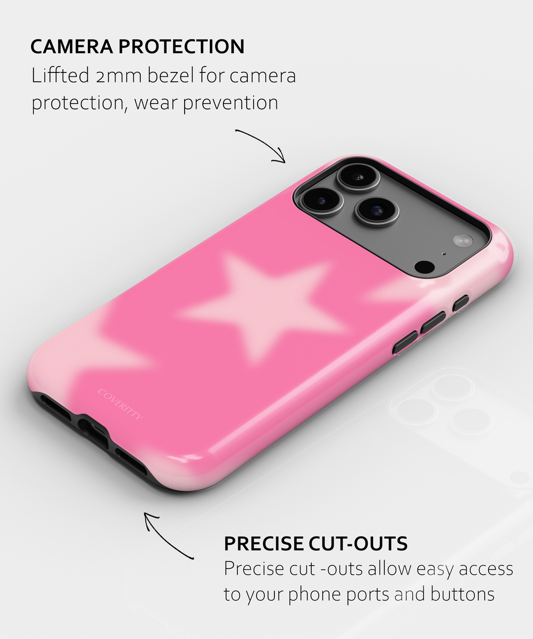 Pink phone case with camera protection and cut-outs on a light gray background
