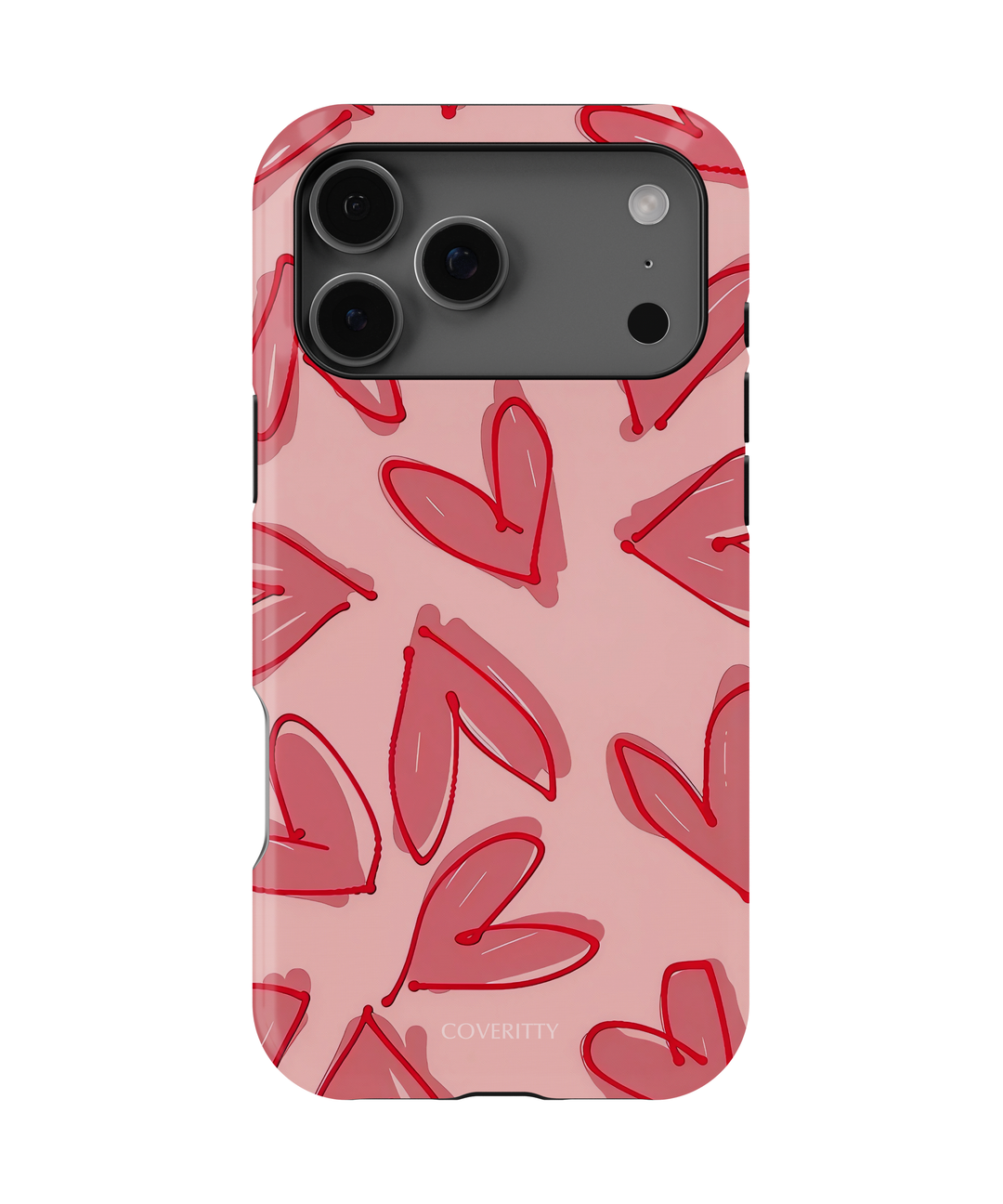 Phone case with red abstract pattern on a pink background