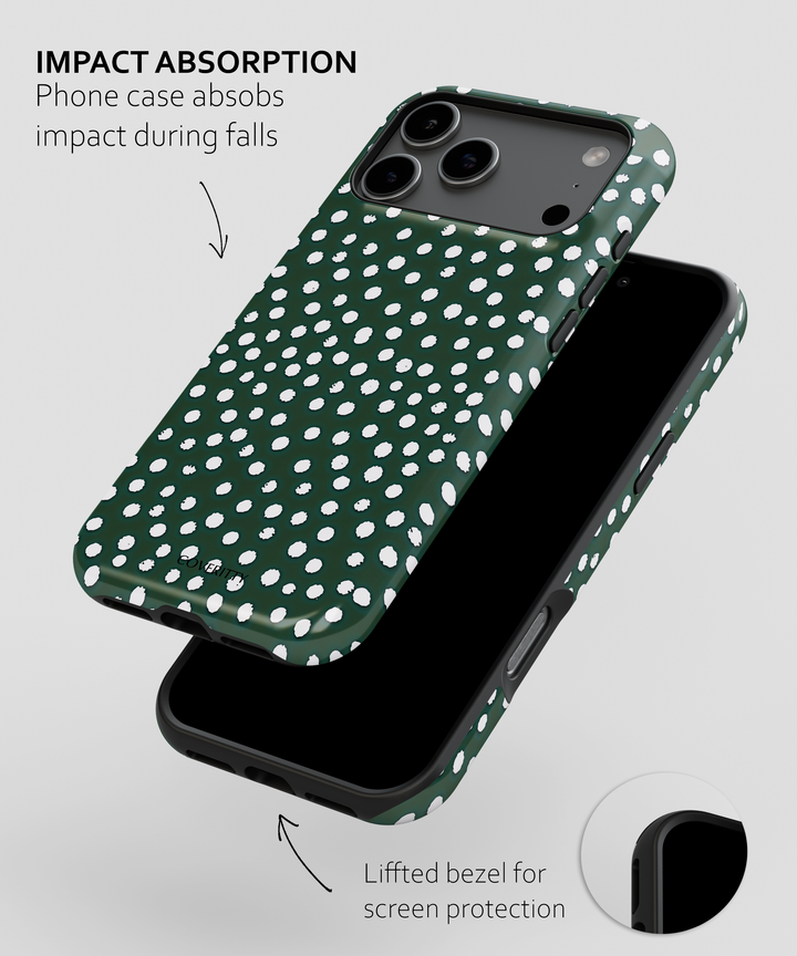 Green phone case with white polka dots on a gray background