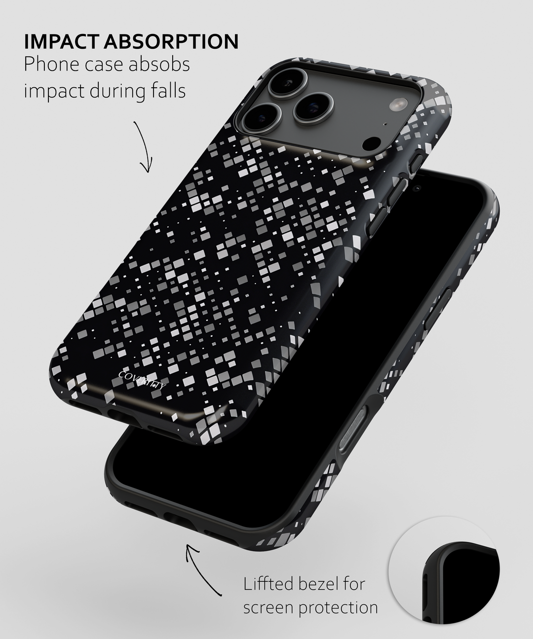 Phone case with impact absorption feature and lifted bezel for screen protection on a white background