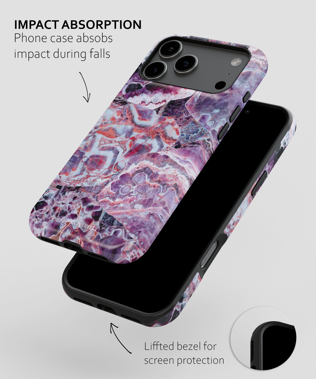 Phone case with marbled design on a white background