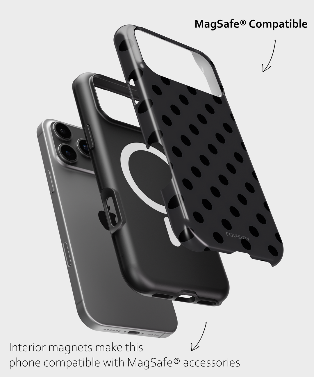 Black phone case with MagSafe compatibility on a light gray background