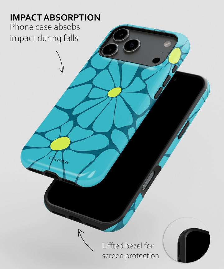 Blue floral phone case with text on impact absorption and bezel lifting.