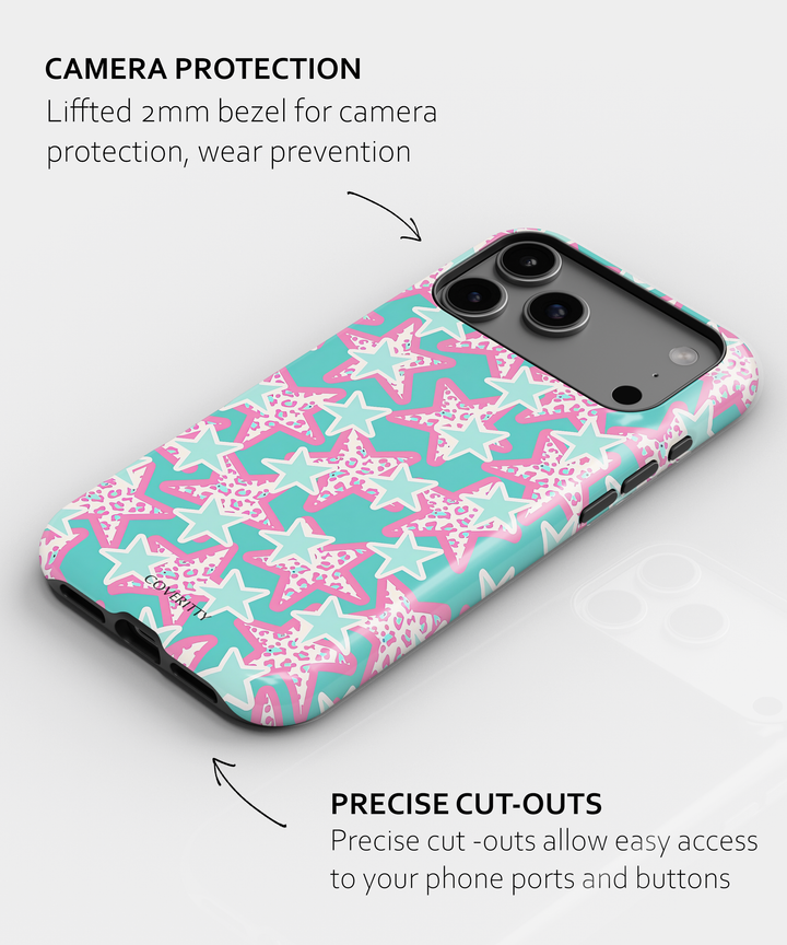 Phone case with star pattern and text about camera protection and cut-outs