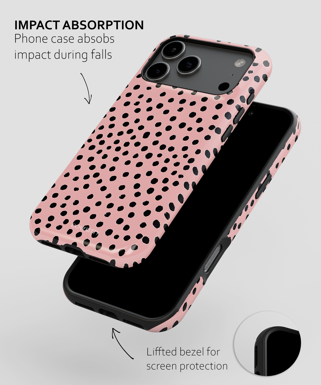 Phone case with pink and black polka dot pattern on a white background