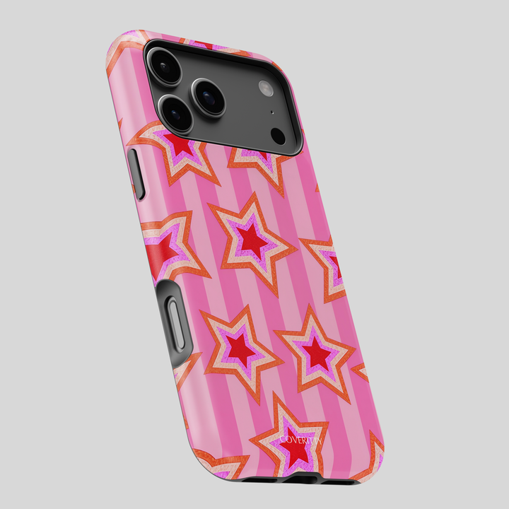 Phone case with star pattern on a pink background