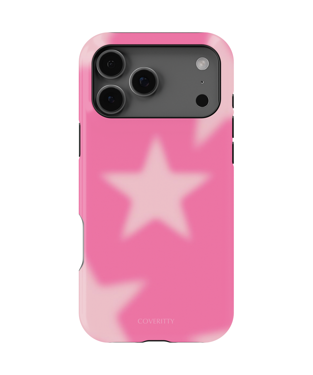 Pink phone case with a star design on a white background