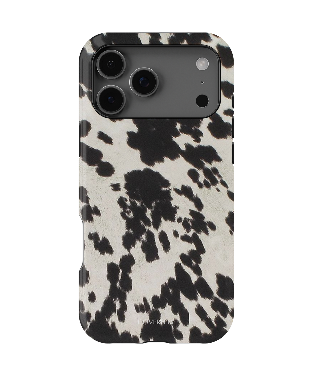 Phone case with black and white cow print pattern on a white background