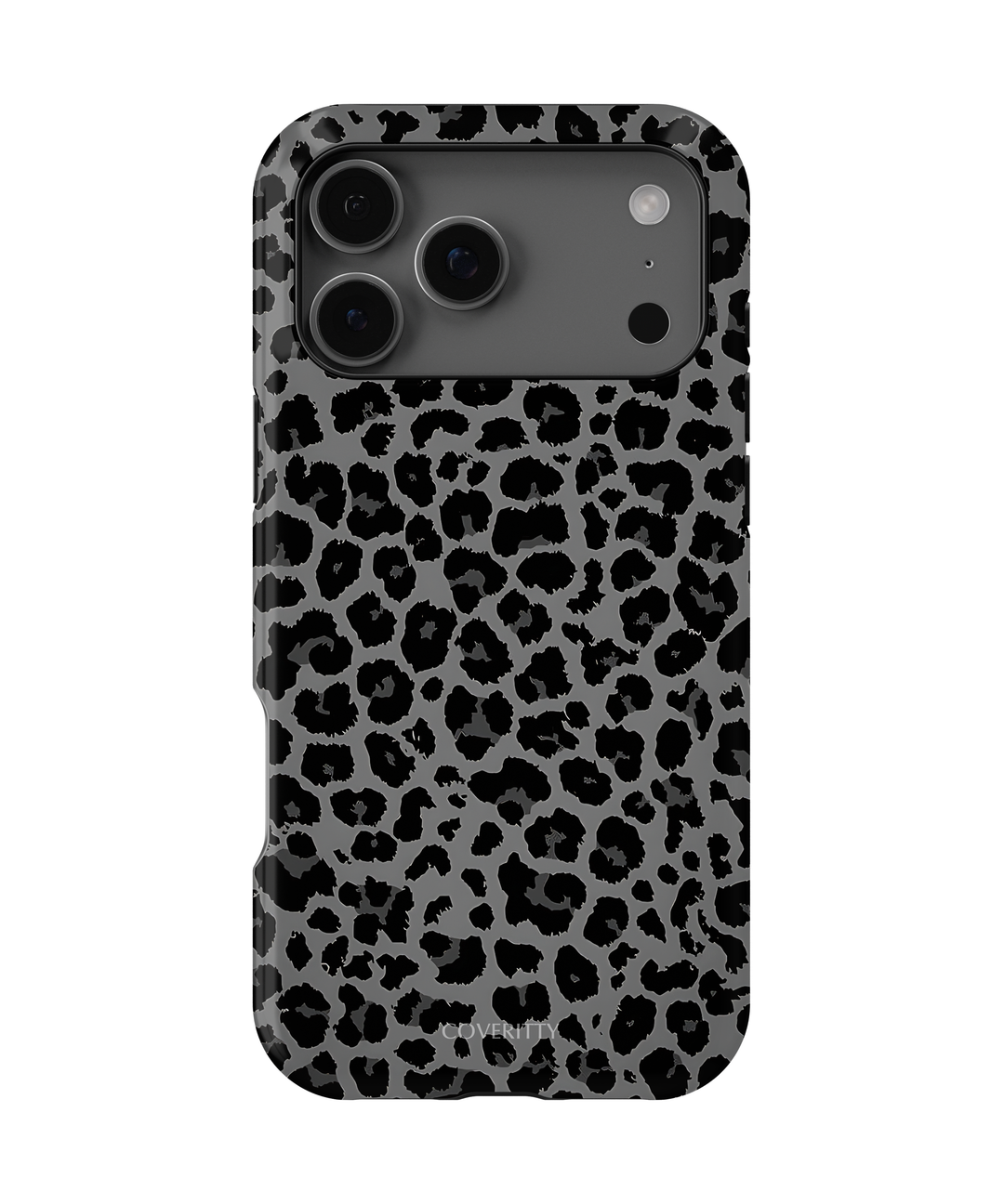 Phone case with black leopard print pattern on a gray background